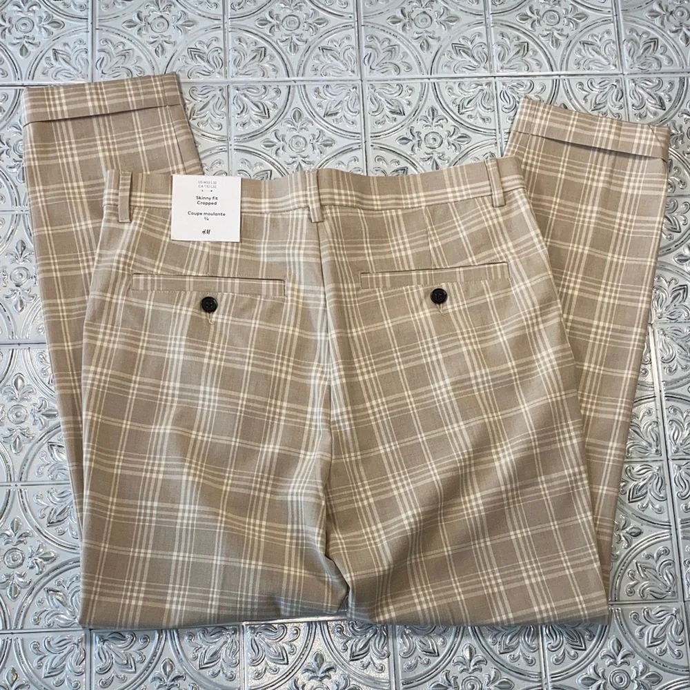 H&M Men's Beige Plaid Skinny Fit Cropped Trousers - NWT - Picture 7 of 10